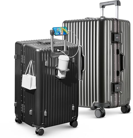Bagage rigide avec porte-gobelet et port de charge USB/Type-C, cadre en aluminium, design sans fermeture éclair, serrure TSA, coque extra large – Valise de voyage intelligente à main ou vérifiée, gris