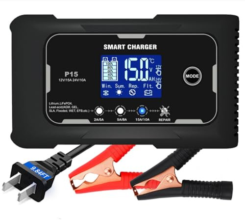 Chargeur de Batterie Intelligent P15 12 V/24 V 15 A, Charge en 9 étapes avec écran LCD, Commutation Automatique été/Hiver pour Batteries Plomb-Acide AGM Lithium LiFePO4