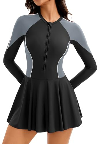 FEOYA Womens Swimming Costumes with Shorts Women's Sport One Piece Swimdress Swimsuits One Piece Rash Guard Zip Up Swimsuit Long Sleeve with Removable Cups