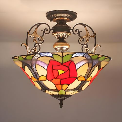 AoLa Tiffany Deckenleuchte Mediterrane Buntglas Deckenlampe Retro Handgefertigte Kunst Blume Classy Rund Glas Deckenbeleuchtung Barock für Schlafzimmer Wohnzimmer Loft Esszimmer, E27 40CM