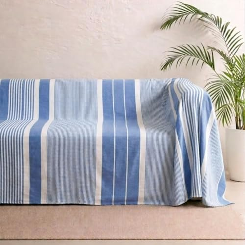MOMOMUS Überwurfdecke, Tagesdecke für den Sommer, 230x260 cm, Blau | leichte Tagesdecke mit eingewebten Streifen, ca. 195 g/m², für Betten von 120-160 cm