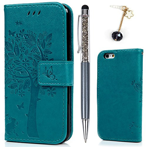 Cover per iPhone 6 Cover Flip, iPhone 6S Custodia Libro Pelle PU e TPU Silicone con Funzione Supporto Chiusura Magnetica Portafoglio Libretto Bumper Case per iPhone 6/6S, Albero Verde