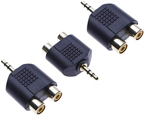 3.5mm Stereo Male To 2 RCA Female Adaptor 3 Pack for Laptop, Computer, Smartphone Connector to Amplifier, Amp, HI-FI System, AUX-IN TRS Headphones Jack Plug to 2X RCA Phono Gold-Plated Adapter