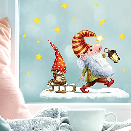Wandtattoo Loft Fensterbilder Weihnachten Zwerg mit Schlitten – Wiederverwendbar – A3 Bogen, 39 Sticker – Weihnachstdeko Fenster Kinderzimmer, Weihnachtsbilder Fenster, Fensterbild Winter