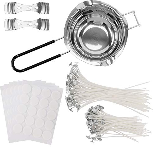 Kit per Candele Fai Da Te Adulti, Con 1 Melting Pot Di Cera (400 ml), 2 Porta Stoppino A 3 Fori, 60 Pezzi (12 cm) E 60 (17cm) Pezzi Stoppini per Candele, 120 Pezzi Adesivi per Stoppini.