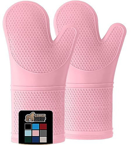 GORILLA GRIP Heat Resistant Durable Soft Silicone Oven Mitts, 14.5x8.3, BPA-Free Extra Long Kitchen Potholders, Comfortable Cotton Lining, Flexible Waterproof Cooking Mitt Set, Home Essentials, Pink