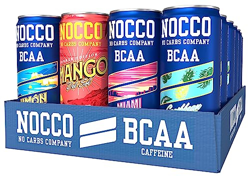 NOCCO BCAA - Bebida Energética con 180mg Cafeína, 3000 mg BCAA, Sin Azúcar, Sin Carbohidratos, Enriquecida con Vitaminas - 24 x 330ml inkl. Pfand (Mix Sabores)