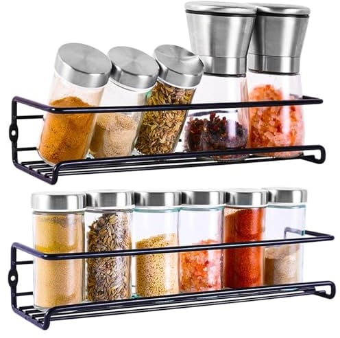 Miorkly Gewürzregal Wand 2-Teiliges Set Metall Gewürzständer, Schwarz Gewürzregal Hängend Ohne Bohren, Benutzt als Küchenschrank Organizer Küchenregal Wand Küchenregal Für Gewürze-29×8×6CM