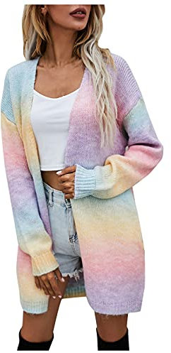 luohaibell Cardigan Longue Pull Tricot Femme Tie-Dye Arc en Ciel Gradient Color Manches Longues Casual Lâche Sweater Rose L