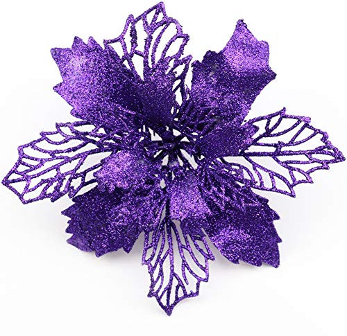 Sofecto 12 Pack Christmas Glitter Poinsettia Flowers Artificial Flower Christmas Tree Decorations and Ornaments, 16cm Diameter with Clips(purple)