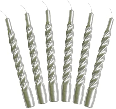 Candles with a Twist®, Stabkerzen gedreht, Hergestellt in Italien, 25 Farben verfügbar, Tafelkerzen lackiert, Spiralkerzen lange Brenndauer 5 Stunden, Kerzen Deko, 6 Stück, 2,2 x 21cm (Silber)