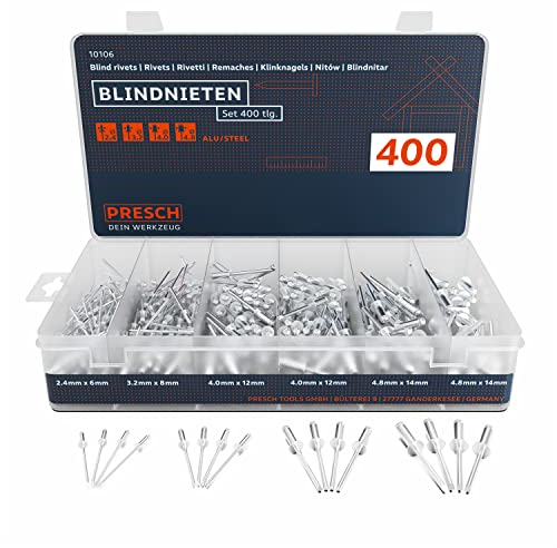Presch Blindnieten Set 400tlg. - Komplettes Alu/Stahl Nieten Sortiment in den Größen 2,4mm, 3,2mm, 4,0mm und 4,8mm - Hochwertiges Blindnieten Sortiment
