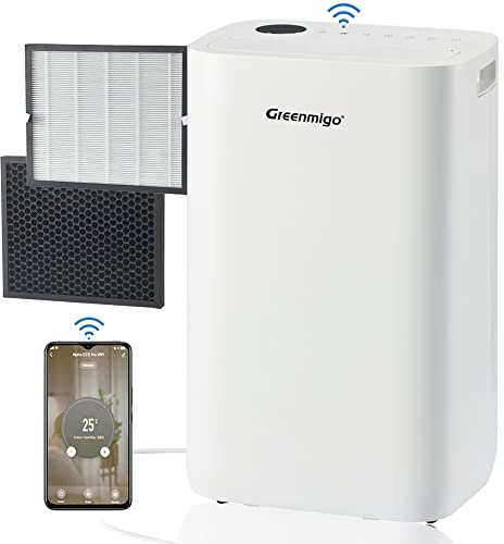 Greenmigo Deshumidificador WiFi 25L/dia,Ionizador,Filtro HEPA y Filtro de Carbón Activado,Drenaje Continuo,Secado de Ropa,Temporizador 24h,Modo de sueño,Depósito Extraíble de 4.5L,Modo de Sueño