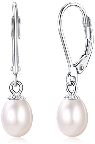 FOCALOOK Femme Boucle d'Oreille Dormeuse Argent 925 Orné de Perle Blanche 6mm de Culture d'Eau Douce