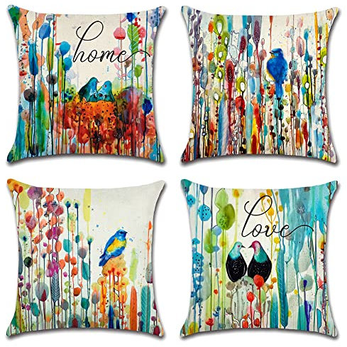 Artscope wasserdichte Kissenbezugen, 4er Set Vögel und Aquarellspritzer Kissenhülle Atmungsaktiv Kissen Fall für Outdoor Balkon Terrasse Patio Garten Bauernhaus Dekor 45x45CM