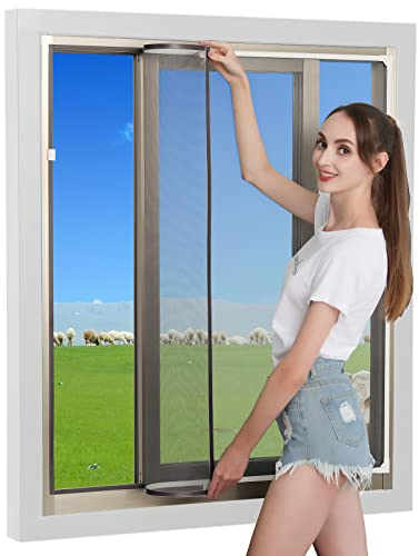 JOOFAN Adjustable DIY Insect Screen Magnetic Window57''X59''(145X150cm), Magnetic Frame for Fly Screen, Windows, Mosquito Screen, Washable, Black Net, No Punching Required