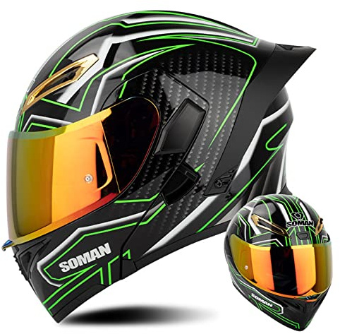 Motorradhelme für Erwachsene modularer Helm, Straßenmotorrad, DOT-zertifizierter Integralhelm für Roller, Moped, Motorradhelm mit klarem/REVO/dunklem Visier – glänzend schwarz grün A,S