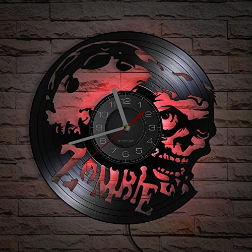 Smotly Vinyl-Wanduhr, Zombie-Horror-Themen-Muster Wanduhr mit LED-Nachtlicht, ist eine tolle Wanduhr Geschenk für Freunde, die Nervenkitzel lieben. (sieben Farben)
