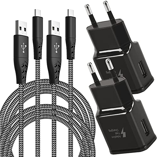 Chargeur Rapide Adaptatif avec Câble de Charge Rapide en Nylon USB-C 2M Charge Rapide Compatible avec Samsung Galaxy S8/S9/S10 Plus/S10e, S20/S21/S22/A51/A40/A30/A20/Z Flip3, Note 8/9/10 (Lot de 2)