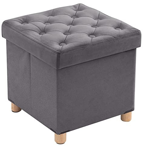 BRIAN & DANY Folding Storage Ottoman with Wood Legs, Velvet Footstools Cube for Living Room and Bedroom, 40x 40x 40 cm, Gray