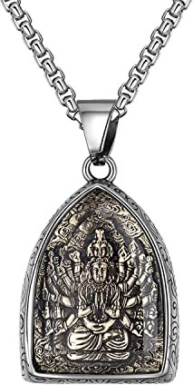 HIJONES Herren Edelstahl Buddha Anhänger Halskette Avalokiteshvara Bodhisattva Amulett Schutzpatron Schmuck mit Kette Thousand Hands Guan Yin