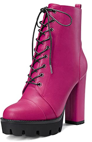 Castamere Donna Alto High Tacco Heel Piattaforma Chunky Blocco Rotonda Punta Stivaletti Lacci Cerniera Stivali Magenta Rosso 37 EU