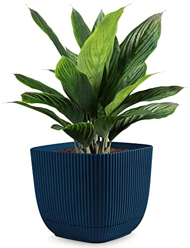 Konzept 11 - Blumentopf klein 4 l mit Unterzetzer, quadratischer Übertopf 19 x 19 cm, Pflanzentopf für Zimmerpflanzen aus Kunststoff, Dunkelblau