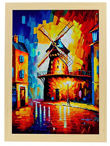 Nacnic Poster Moulin Rouge im Ölgemälde Stil. Illustrationen von Denkmälern und Städten im fotografischen Vollfarbstil. Innenarchitektur und Dekoration. A4 mit Leichtholzrahmen.