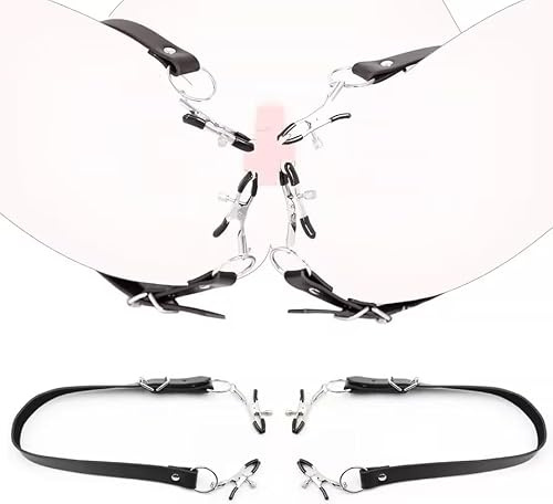 Labia Spreader for Women, BDSM Pussy Clamp Nipple Clamps Clitoral Clips with Adjustable Leather Straps Rubber Tips, Fetish Bondage Vagina Stimulator Role Play Adult Kinky Sex Toys 15-27inches, Black