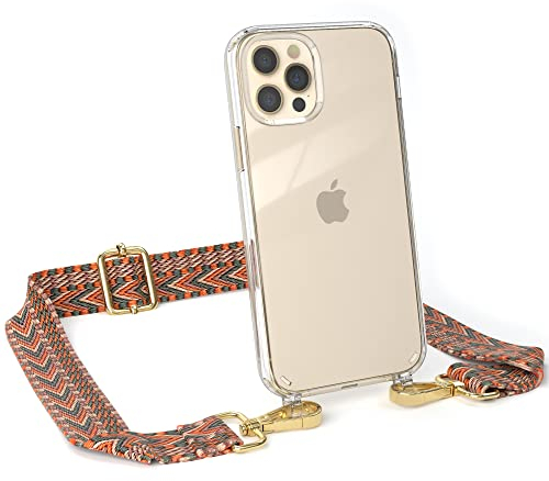 EAZY CASE Handykette - Verstellbarer Trageriemen kompatibel mit iPhone 12/12 Pro, Handytaschenband, Handykordel mit Phone Case, Ersatzgurt für Ketten, Orange/Grün - Haken Gold