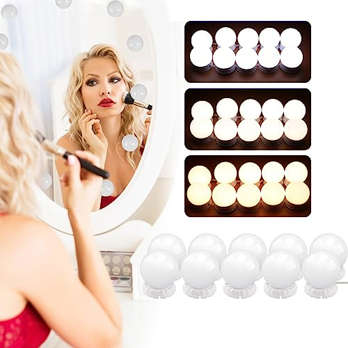LED spiegelleuchte, Hollywood Licht für Spiegel, 3 Farben und 10 Helligkeitsstufen Make Up Licht, 3000-8000K USB Spiegel Licht für Kosmetikspiegel, Badzimmer Spiegel, Beauty Schminktisch-10 Glühbirnen