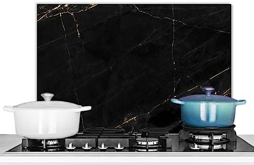 KitchenYeah© Fond de Hotte 60x40 cm Aluminium Crédence Cuisine Décoration Murale Crédence Plaque de Cuisson Anti Projection Marbre - Noir - Or - Chic - Aspect marbre - Design