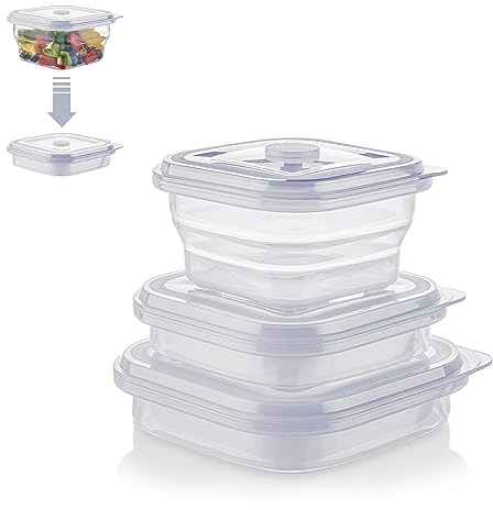 KLIPPSI® Lunchbox faltbar 3er Set- Brotdosen Frischhaltedosen aus Platin Silikon hitze-kältebeständig, auslaufsicher, spülmaschinengeeignet (transparent)
