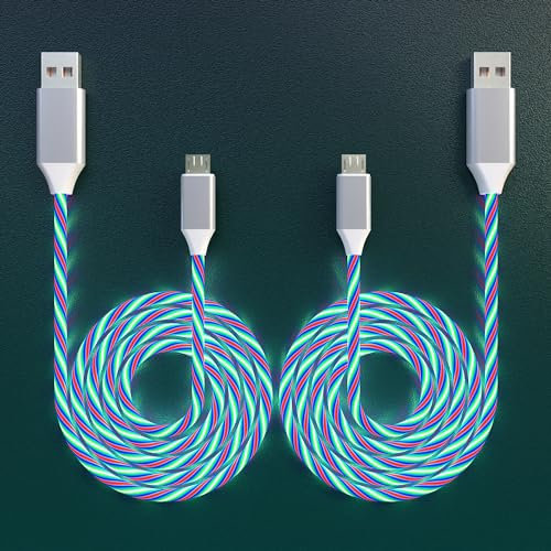 2 Packs Micro USB Cable Android Charger, 6.6FT Led Light Up Glowing USB A to Micro Fast Charging Cord for Android, Samsung Galaxy S7, Note 5, Kindle and Other Micro USB Devices(Colorful&Colorful)