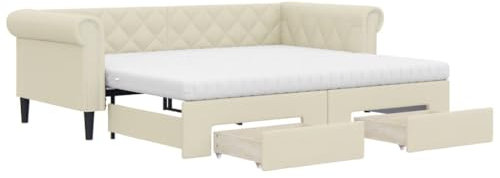 vidaXL Tagesbett, Ausziehbar Schlafsofa mit Schubladen, Bettsofa Gästebett für Schlafzimmer Wohnzimmer, Bett Sofa Ausziehbett, Creme 90x200 cm Kunstleder