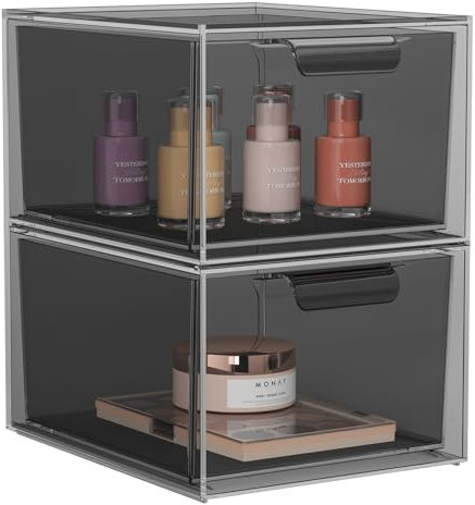 SpaceHacks 2 Pack Stackable Makeup Organizer and Storage, Acrylic Organizers,Clear Plastic Storage Drawer with Pull-Out Handles for Vanity, Undersink, Kitchen Cabinets, Pantry, Black