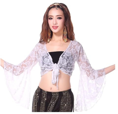 Women Belly Dance Top, 3/4 Flared Sleeve Wrap Top, Knot Bandage Floral Shawl Crop Top for Dancewear, Lace Butterfly Crop Tops Tribal Belly Dance Yoga Costume Accessories for Women Girls White