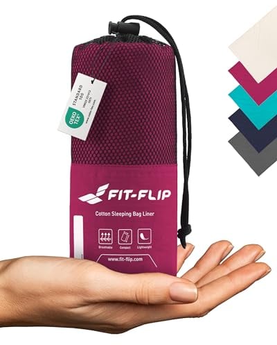 Fit-Flip Hüttenschlafsack Baumwolle - ultraleichter Innenschlafsack 325g - dünner Reiseschlafsack - kompakt, klein & seidig weich - Schlafsack Inlett mit Kissenfach - Farbe: Fuchsia