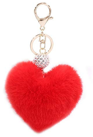 Xsclpomddy Künstliche Kaninchenhaar Flauschigen Liebesherz Pom Pom Schlüsselanhänger Glitzer Kristallstrass Taschen Koffer Rucksäcke Zubehör Charm Auto Schlüsselring für Mädchen,red