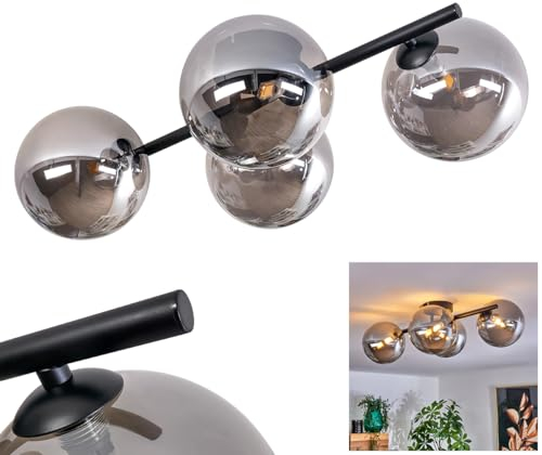 HOFSTEIN Deckenleuchte Chehalis, Deckenlampe aus Metall/Glas in Schwarz/Rauchfarben, Leuchte im Retro/Vintage-Design mit Schirmen aus Glas (Ø 15 cm), 4 x G9 LED