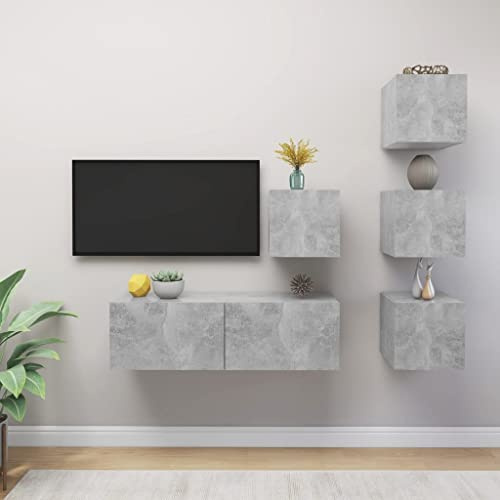 BUKSCYJS Ensemble de 5 meubles pour télévision, meuble TV, gris béton, matériaux en bois, convient pour le salon, la chambre à coucher, le bureau, la salle de réception, le bureau, le couloir