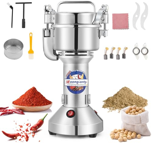 Moongiantgo Molino de Cereales Eléctrico 250g, Molinillo Especias, 30-300Mesh, Molienda Eficiente de 30s con Motor Comercial de 950W&28000RPM, Acero Inoxidable 420 con Función de Parada de Seguridad