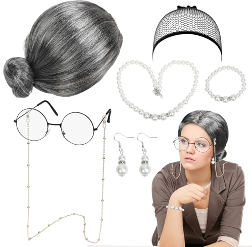HONMOK 7PCS Oma Perücke Set, Großmutter Kostümzubehör mit Oma Perücke, Brille Perücke Kappe Perlenkette Ohrringe Armband, Großmutter Cosplay Zubehör Set für Mädchen Damen Karneval Fasching Halloween