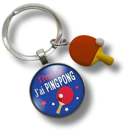 Porte-clés « J'peux pas, j'ai ping pong » avec cabochon et breloque tennis de table – cadeau idéal pour joueur de tennis de table - création