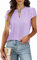 Teesho Damen Bluse Kurzarm Elegant Hemdbluse V-Ausschnitt Plissee vorne Arbeit Sommer Oberteile Shirts Tunika Hemd Tops (HellLila/M)