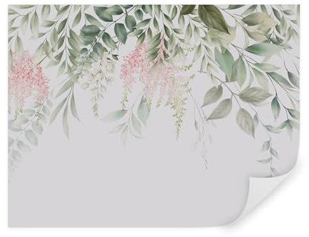 Carta da parati moderna floreale, fotomurali 310x210 cm, Foglie verdi con fiori rosa, carta da parati 3d per camera letto, soggiorno, u95923