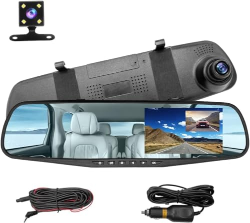 Spiegel-Dashcam mit Front- und Rückfahrkamera, 1080p, Touchscreen, Loop-Aufnahme, G-Sensor, 24-Stunden-Parküberwachung, 64GB Speicherkarte, Nachtsicht, Split-Bildschirm