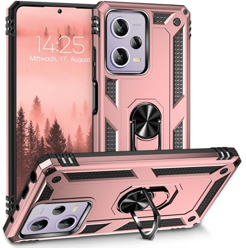 LBH Outdoor Hülle für Xiaomi Redmi Note 12 Pro 5G Armor Militär Stoßfest Handyhülle 360 Grad Metal Ring Halter Ständer Schutzhülle für Handyhalterung Auto Magnet Rosegold