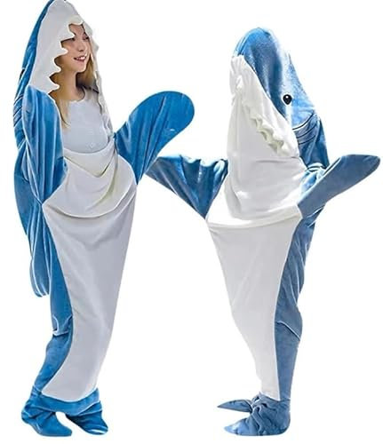BLUEMALI Shark Blanket Onesie Sleeping Bag for Adults Wearable Onesie Cozy Fleece Shark Tail Hoodie Super Soft Fleece Throw Blankets Gifts for Womens Men Cosplay Shark Costume Blue White