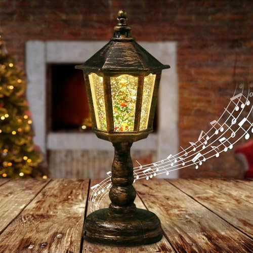 Weihnachtsdeko Laterne, Weihnachts Schneekugel Laterne mit Musik, Weihnachten Deko, Weihnachtslaterne Vintage mit Glitzernde Schneekugel Nachtlicht, USB und Batteriebetrieben für Kamins Tischdeko